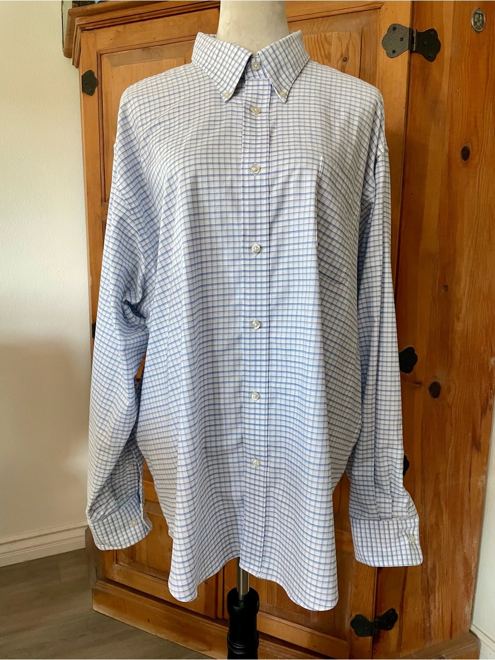 Lands' End Men’s Light Blue Checked Button-Down Dress Shirt